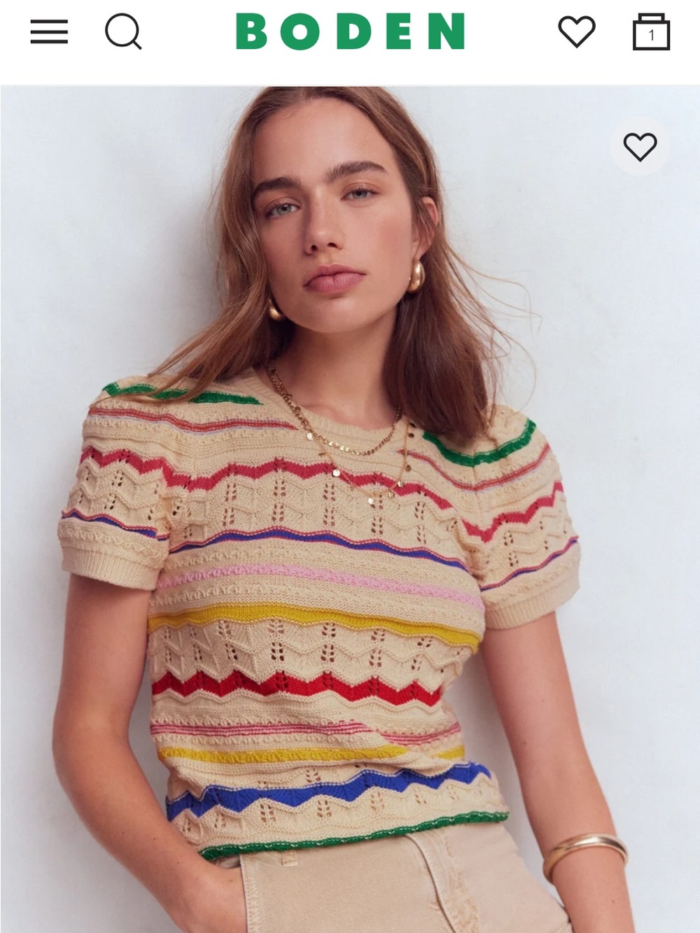 Boden Monica Cream Short-Sleeve Pointelle Stripe Knit Top xs